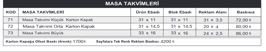 Haftalık Masa Takvimi - tk73