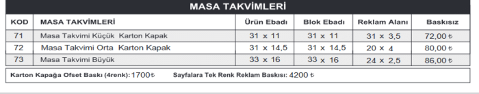 e73 – Haftalık Masa Takvimi Masa Takvimi